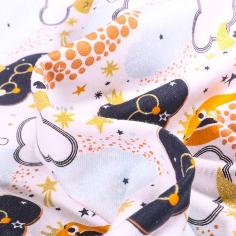 Tissu Jersey Coton Nuage lune et arc en ciel orange Glitter sur fond Blanc