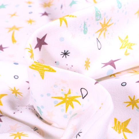 Tissu Jersey Coton Diverses Etoiles Glitter sur fond Blanc