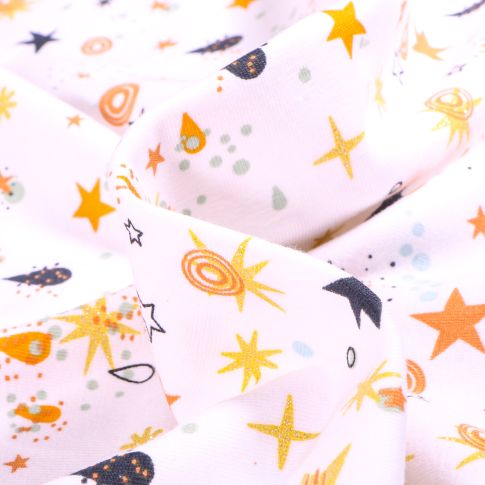 Tissu Jersey Coton Diverses Etoiles orange Glitter sur fond Blanc