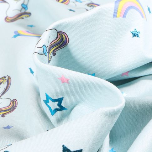 Tissu Jersey Coton Licornes et arc en ciel métallisé sur fond Bleu ciel