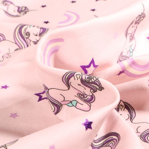 Tissu Jersey Coton Licornes et arc en ciel métallisé sur fond Rose