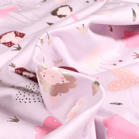 Tissu Jersey Coton Princesses et nuages métallisés sur fond Parme
