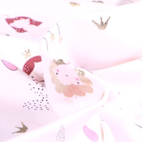 Tissu Jersey Coton Princesses et nuages métallisés sur fond Blanc