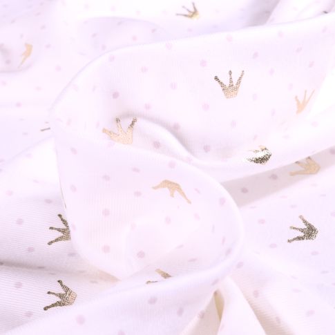 Tissu Jersey Coton Couronne métallisée sur fond Blanc