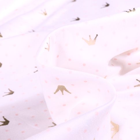 Tissu Jersey Coton Couronne métallisée et pois sur fond Blanc