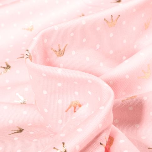 Tissu Jersey Coton Couronne métallisée sur fond Rose pâle