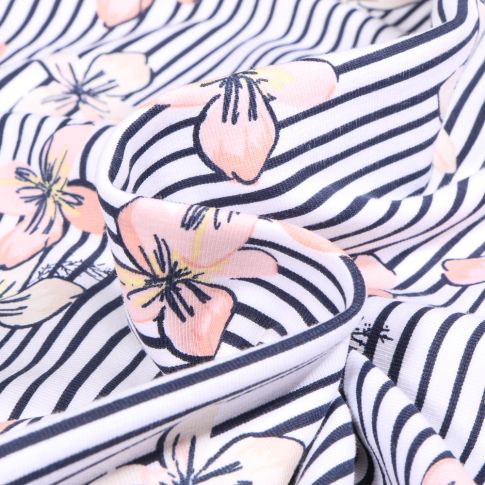 Tissu Jersey Coton Hibis sur fond Blanc