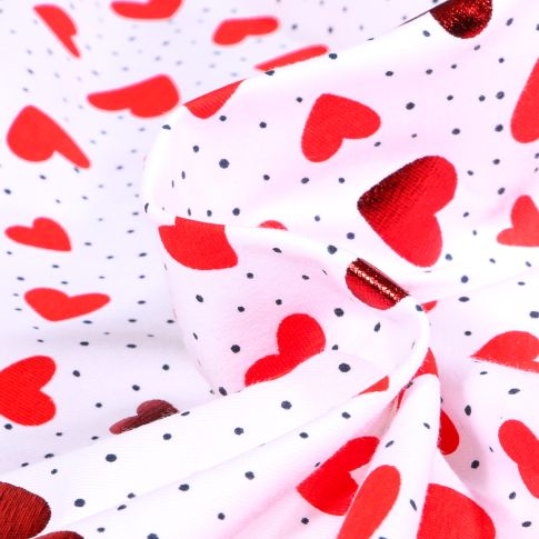Tissu Jersey Coton Coeurs métalissés rouge sur fond Blanc