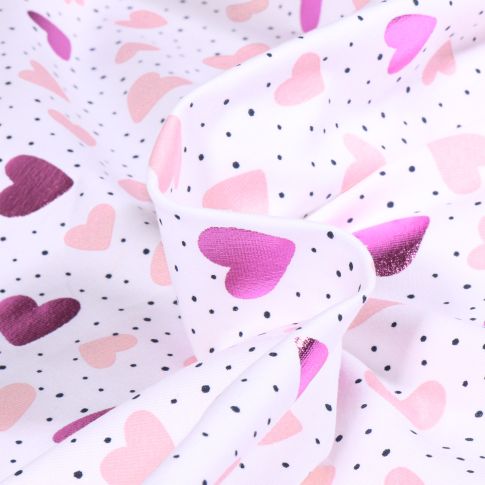 Tissu Jersey Coton Coeurs métalissés rose sur fond Blanc