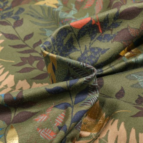 Tissu Jersey Coton Feuilles dorés sur fond Vert kaki