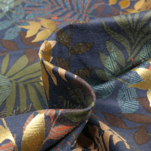 Tissu Jersey Coton Feuilles dorés sur fond Bleu