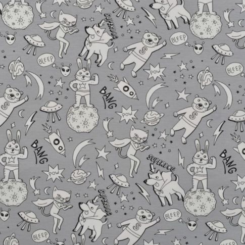 Tissu Jersey Coton Magique Espace sur fond Gris