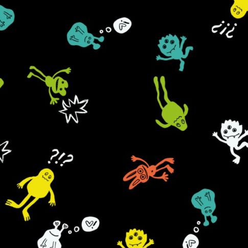 Tissu Jersey Coton Monstres jaunes, verts et blancs sur fond Noir