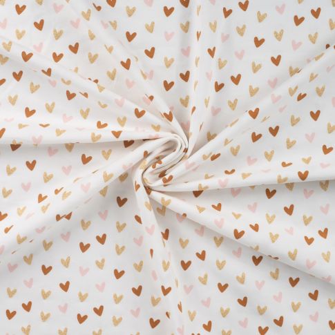 Tissus Jersey Coton imprimé Coeurs pailletés or sur fond Blanc cassé