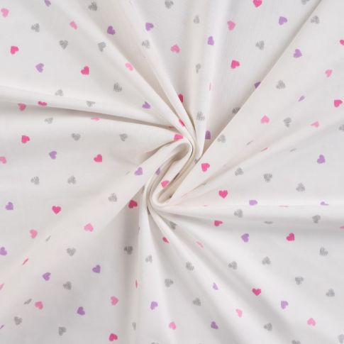 Tissu Jersey Coton Coeurs roses, lilas et argent pailleté sur fond Blanc