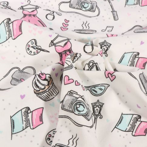 Tissu Jersey Coton Girly pailleté sur fond Blanc