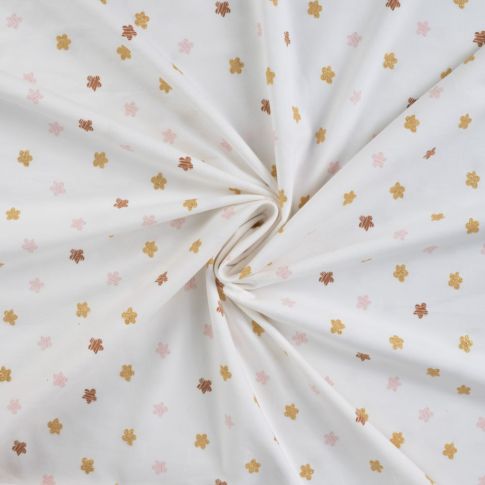 Tissu Jersey Coton Fleurs roses, taupes et or pailleté sur fond Blanc