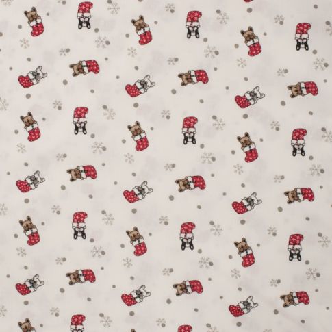 Tissu Coton imprimé Dog Noël sur fond Blanc cassé