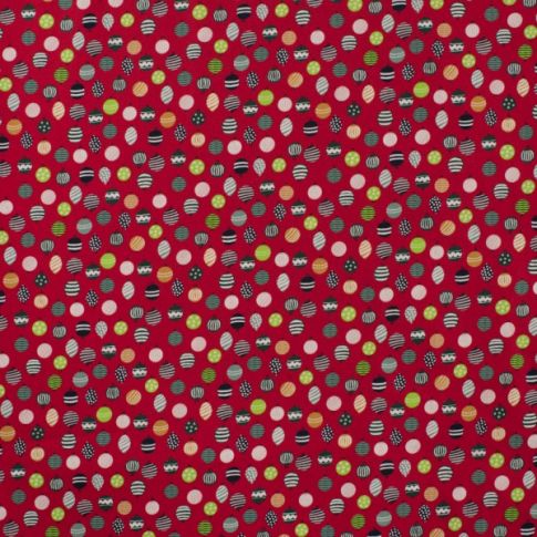 Tissu Coton imprimé Boules de noël vert et noir sur fond Rouge