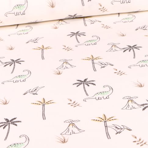 Tissu Coton imprimé Chally Dinosaures et palmiers sur fond Blanc cassé
