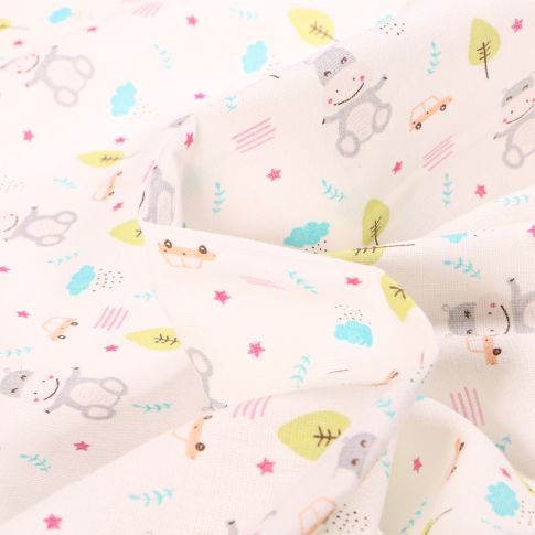 Tissu Coton imprimé Chally Hippopotame Joyeux sur fond Blanc