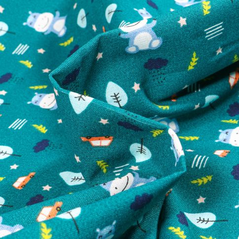 Tissu Coton imprimé Chally Hippopotame Joyeux sur fond Bleu canard