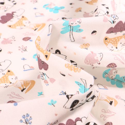Tissu Coton imprimé Chally Amis de la forêt sur fond Ecru