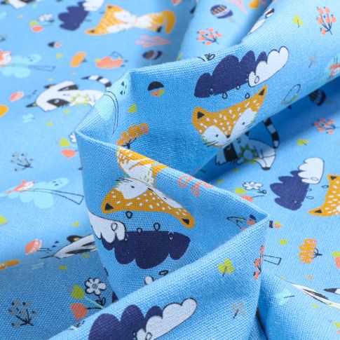 Tissu Coton imprimé Chally Amis de la forêt sur fond Bleu ciel