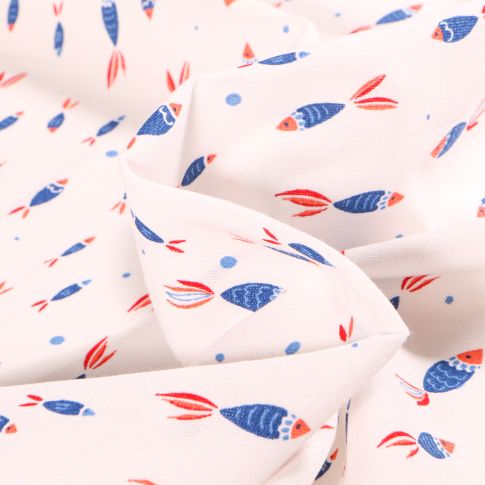 Tissu Coton imprimé Chally Poissons bleus et rouges sur fond Blanc cassé