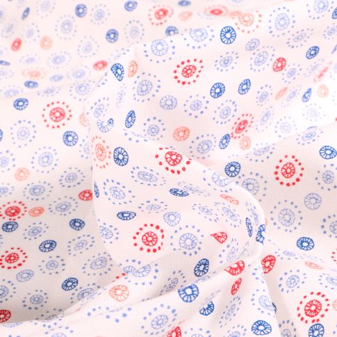 Tissu Coton imprimé Chally Petite Fleur Rouge Bleu Corail sur fond Blanc