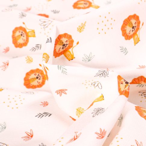 Tissu Coton imprimé Chally Tigres et feuillages sur fond Blanc cassé