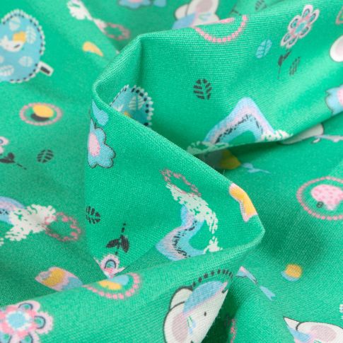 Tissu Coton imprimé Chally Souris et arc en ciel sur fond Vert