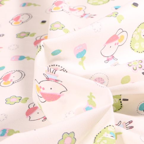 Tissu Coton imprimé Chally Souris et arc en ciel sur fond Blanc