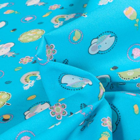 Tissu Coton imprimé Chally Souris et arc en ciel sur fond Bleu turquoise