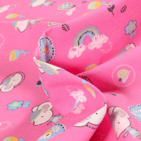 Tissu Coton imprimé Chally Souris et arc en ciel sur fond Rose