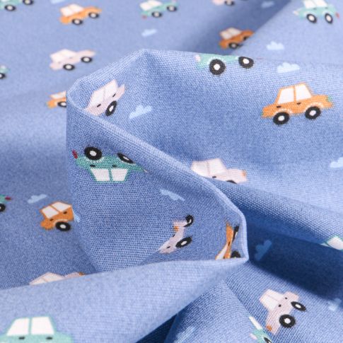 Tissu Coton imprimé Chally Petites Voitures et Nuages sur fond Bleu lavande