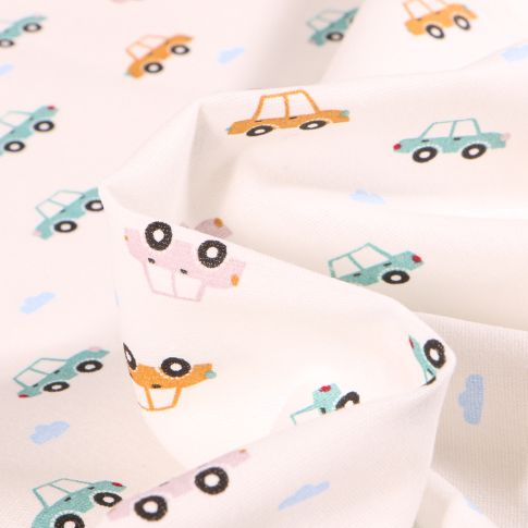 Tissu Coton imprimé Chally Petites Voitures et Nuages sur fond Blanc