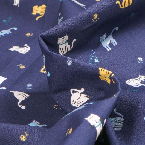 Tissu Coton imprimé Chally Chats sur fond Bleu marine