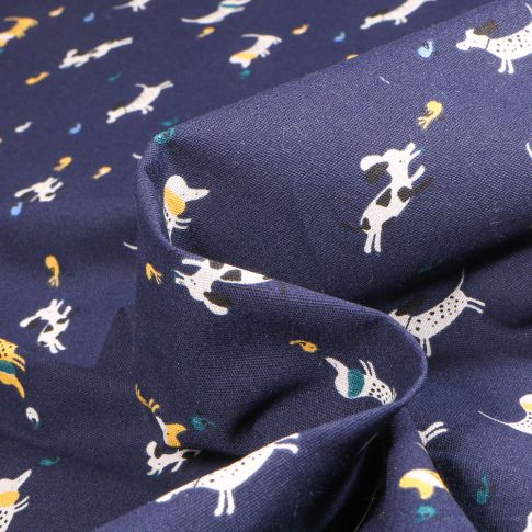 Tissu Coton imprimé Chally Chiens sur fond Bleu marine