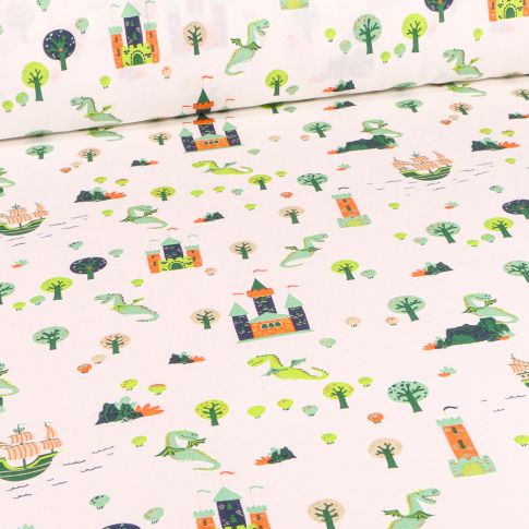 Tissu Coton imprimé Chally Dragon et Château Vert sur fond Blanc