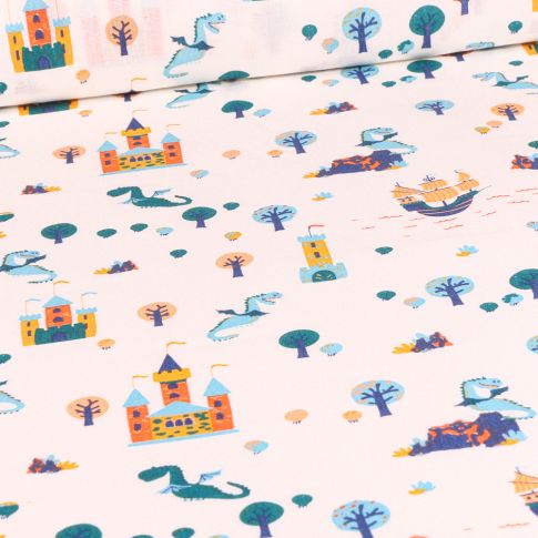 Tissu Coton imprimé Chally Dragon et Château Bleu sur fond Blanc