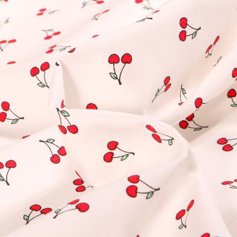 Tissu Coton imprimé Chally Cerises sur fond Blanc cassé