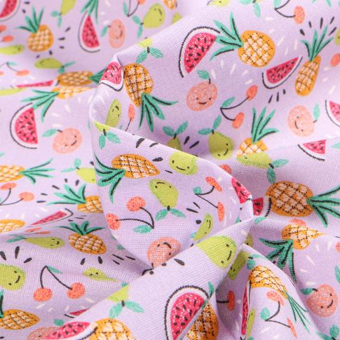 Tissu Coton imprimé Chally Fruits Exotiques Mignons sur fond Mauve