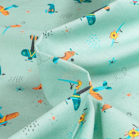 Tissu Coton imprimé Chally Planeurs sur fond Vert menthe