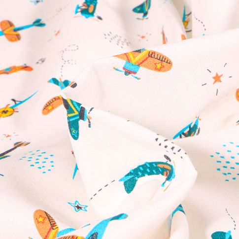 Tissu Coton imprimé Chally Planeurs sur fond Blanc