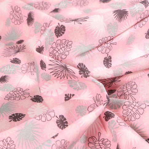 Tissu Coton imprimé Chally Petite Feuille Monstera sur fond Rose