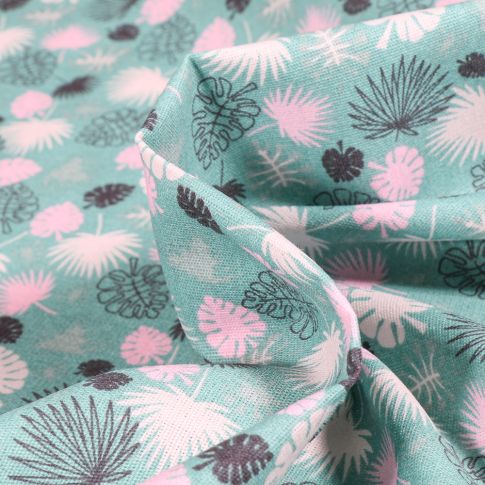 Tissu Coton imprimé Chally Petite Feuille Monstera sur fond Vert d'eau