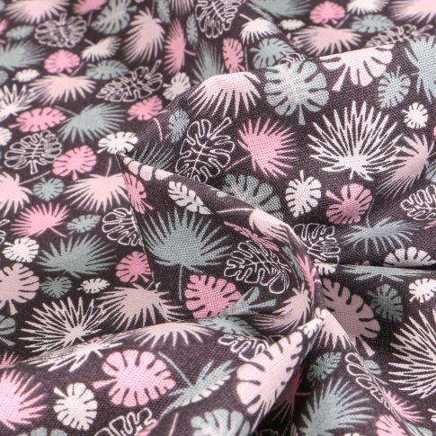 Tissu Coton imprimé Chally Petite Feuille Monstera sur fond Prune