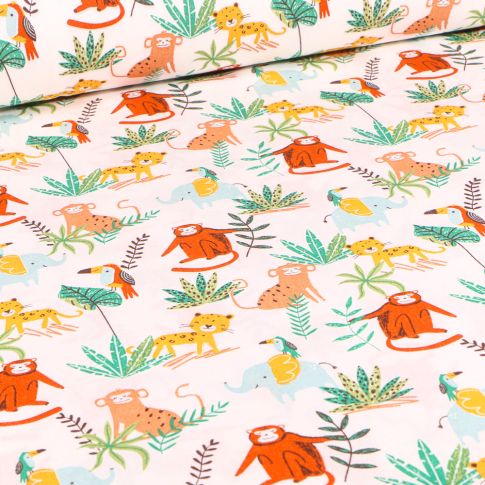 Tissu Coton imprimé Chally Animaux de la Jungle sur fond Blanc