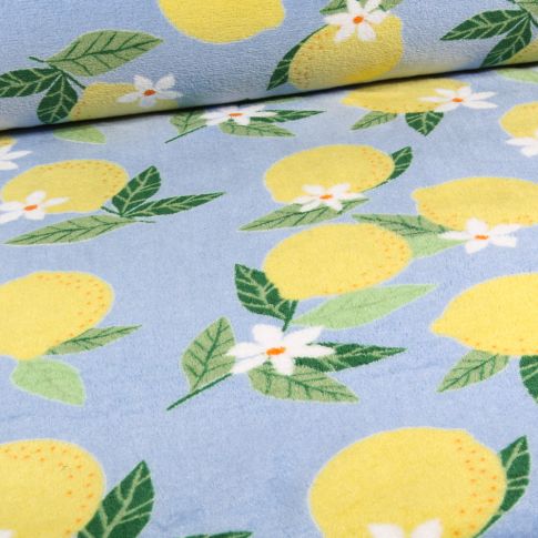 Tissu Doudou Citrus envers bleu marine sur fond Bleu ciel